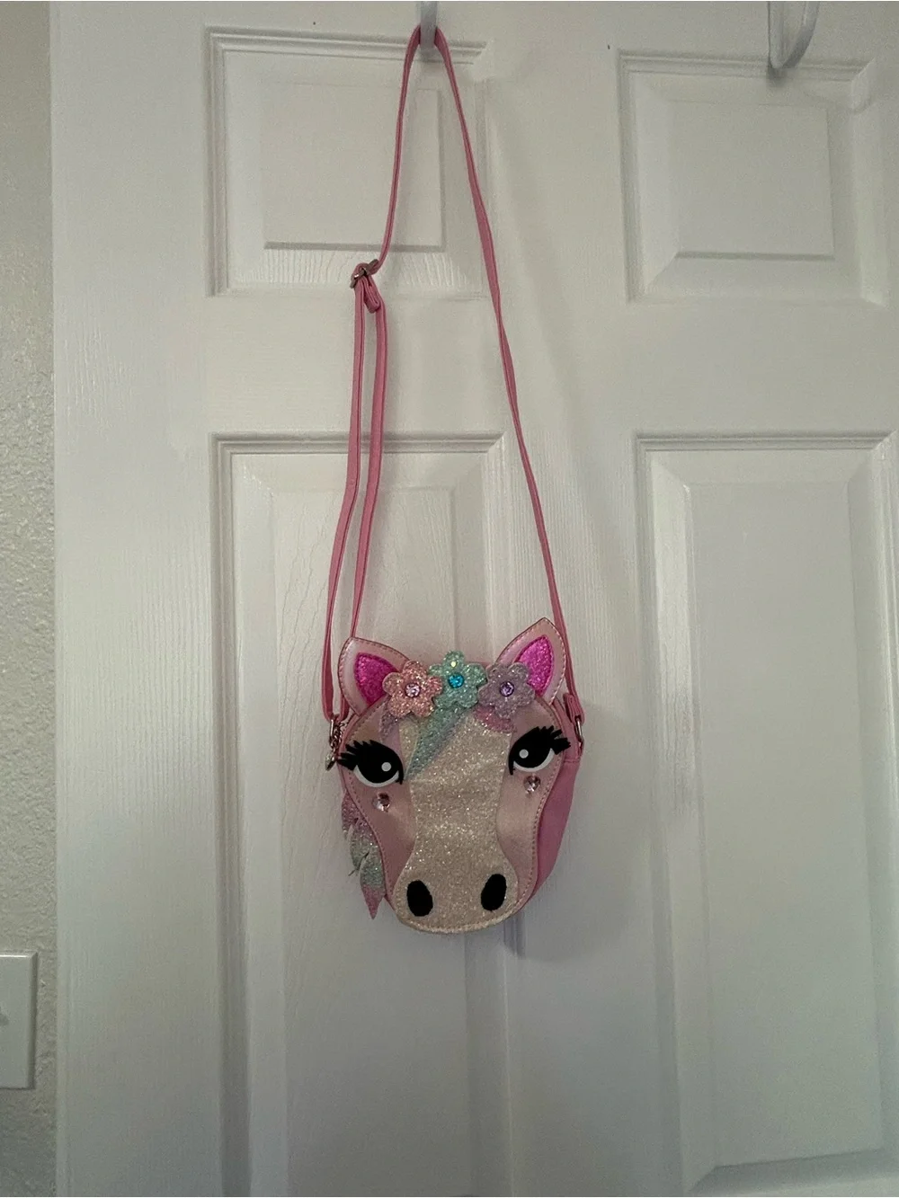 Pink Unicorn Crossbody Bag for Kids with Glitter & Floral Accents